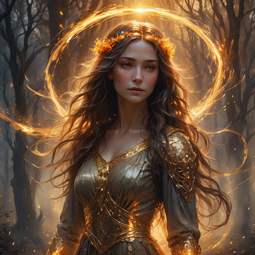Whispers of Dawn Embers, Ethereal Woman in Golden Light