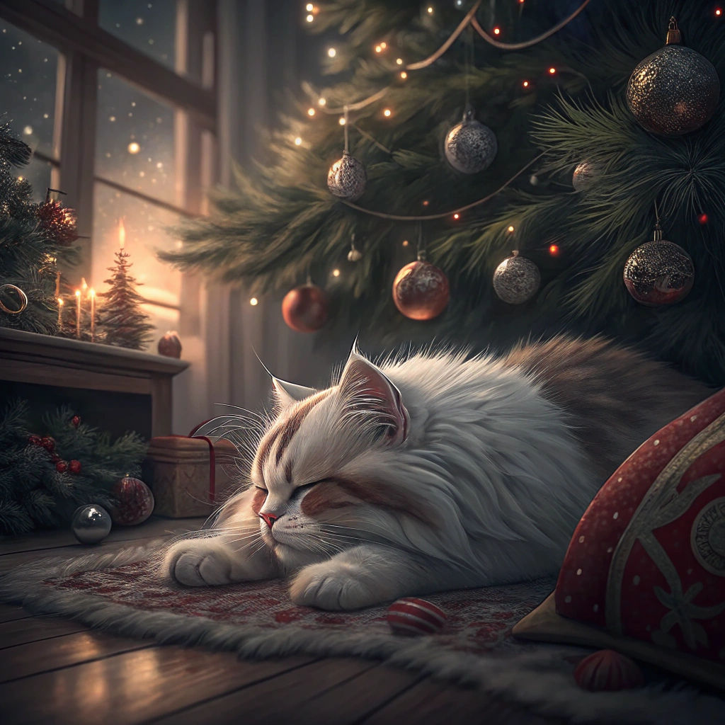 Cozy Holiday Scene with Persian Cat Under Christmas Tree