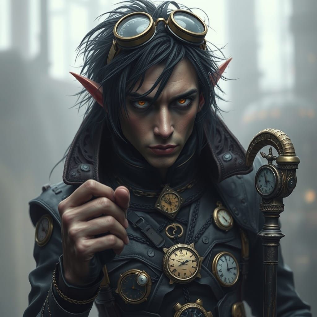 Steampunk Dark Elf with Brilliant Eyes and Intricate Attire