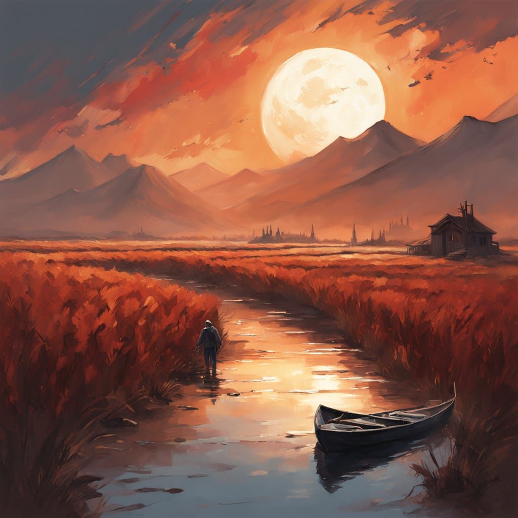 Blood Moon Landscape with Stream and Wheat Field in Oil Pain...