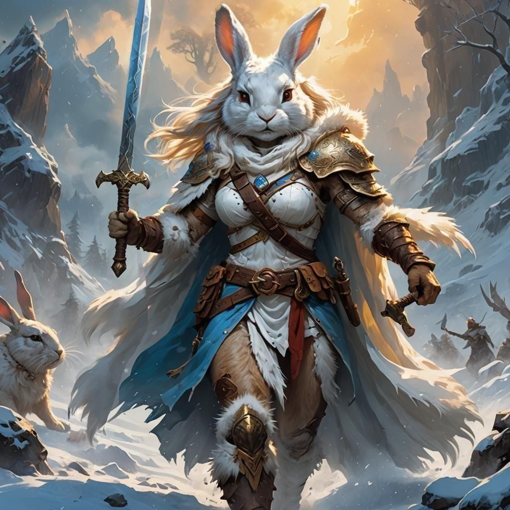 Sword-Wielding Rabbit Warrior in Epic Fantasy Style