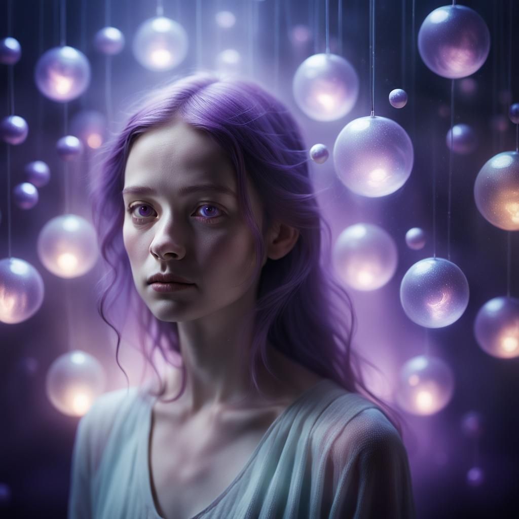 A Woman in a Dreamlike State, Surrounded by Ethereal Orbs
