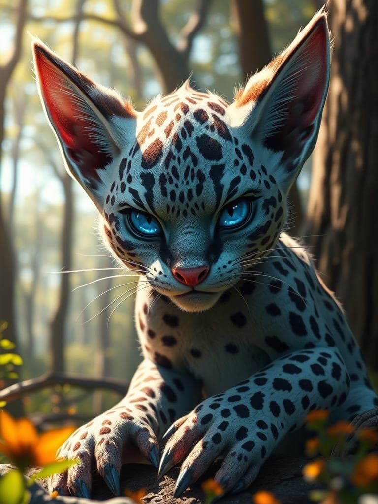 Elven Maiden with Leopard Furr Pattern Sits in a Forest Glad...