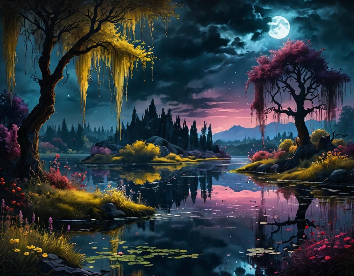 Enchanted Moonlit Lake with Neon Wilderness