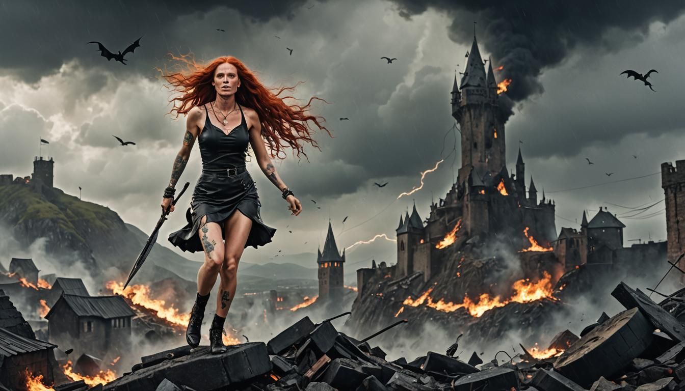 Epic Stormy Landscape with Tattooed Girl Climbing Amidst Rui...