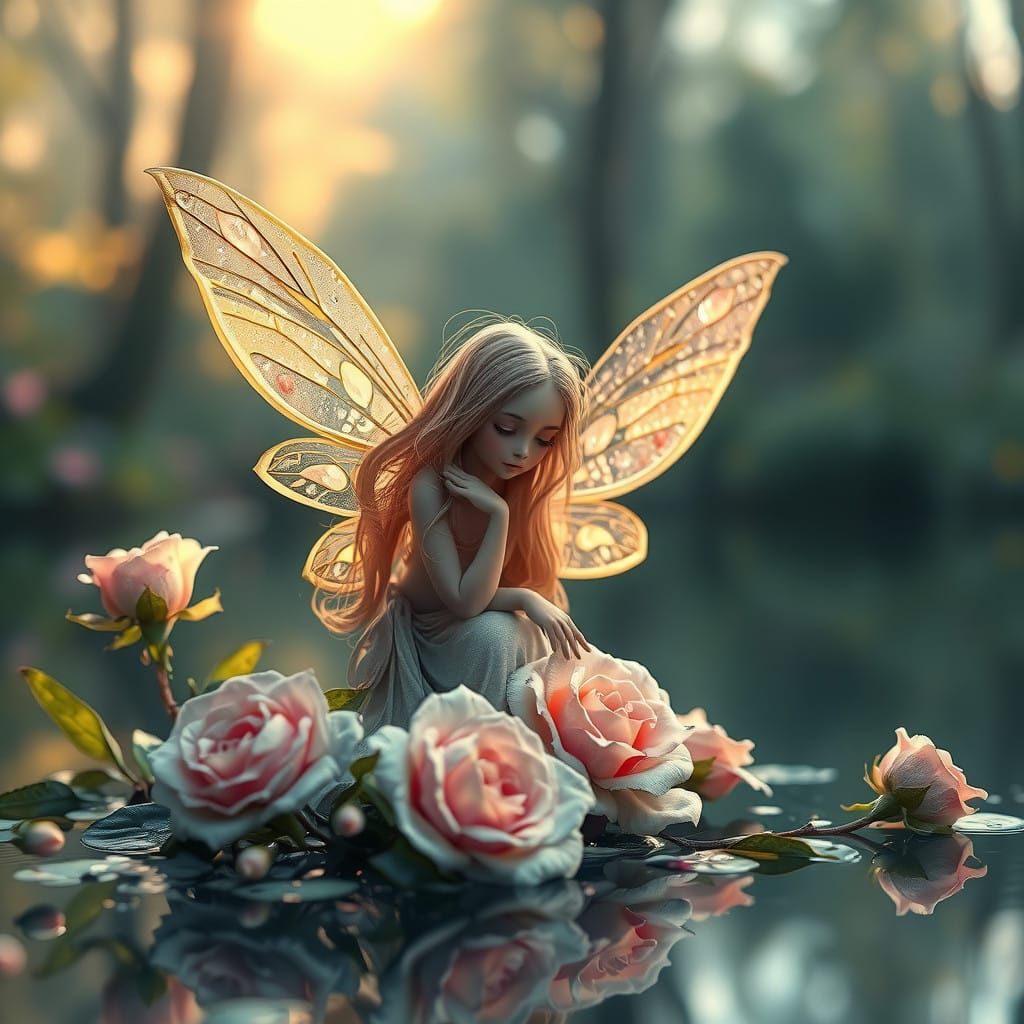 Whimsical Fairy on a Mystical Lake of Roses in Ethereal Drea...