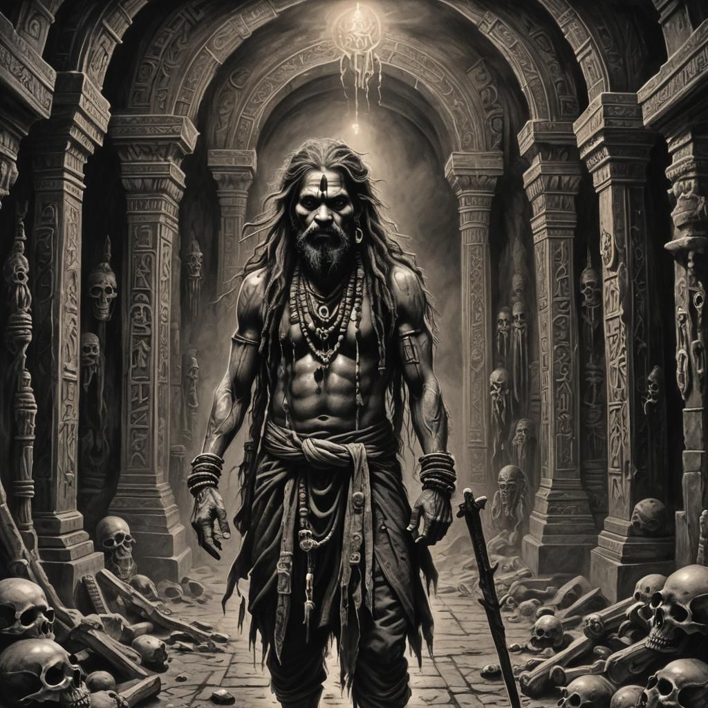 Charcoal Drawing of Aghori Mystic in Ancient Temple