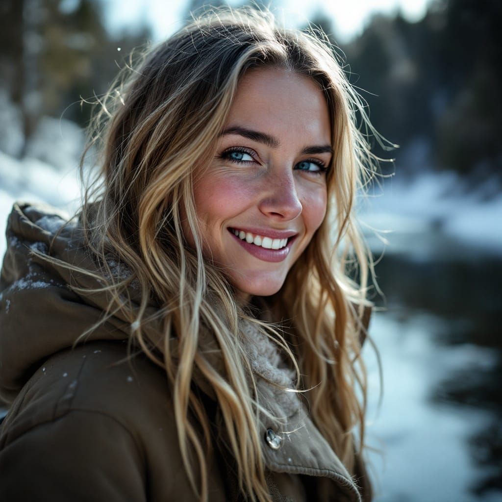 Photorealistic Portrait of a Happy Woman on a Frozen River