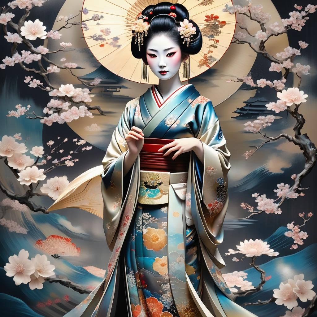 Ethereal Geisha in Whimsical Japanese Fantasy