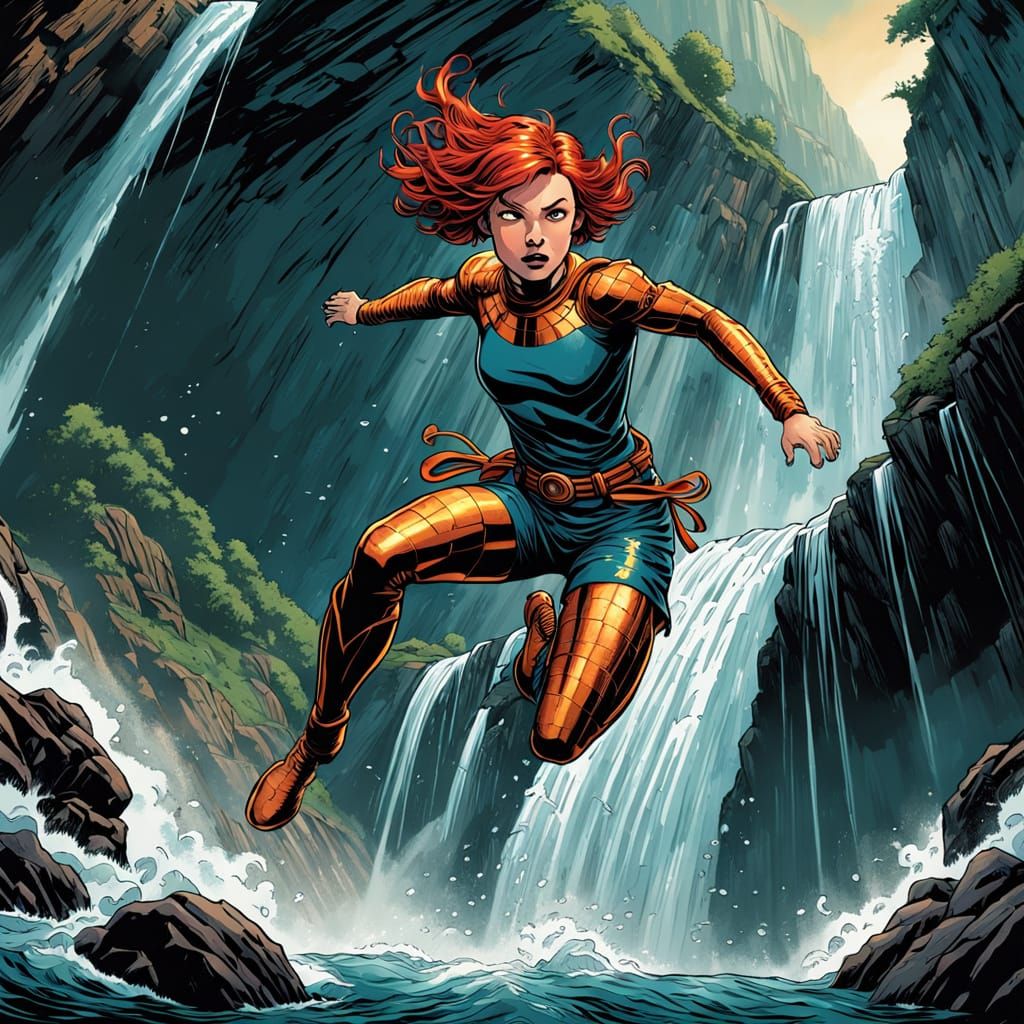 Adventurous Woman Dives from Swiss Alps Waterfall in Comic A...