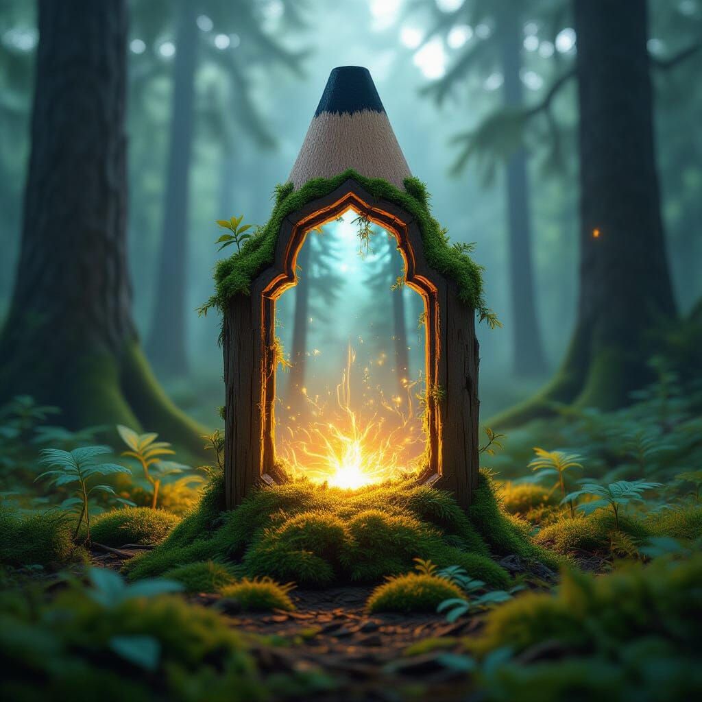 Hyperrealistic Portal in a Giant Pencil in Mystical Forest