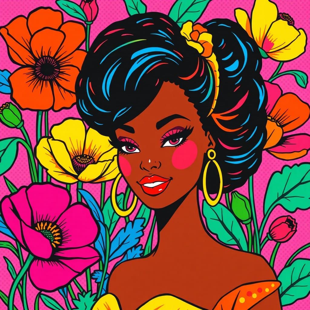 Andy Warhol-Inspired Black Barbie in a Vibrant Poppy Garden