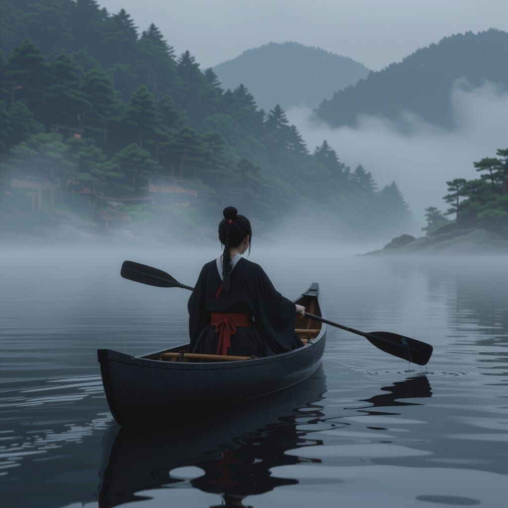 Anime-Inspired Canoe Scene on Misty Black Lake