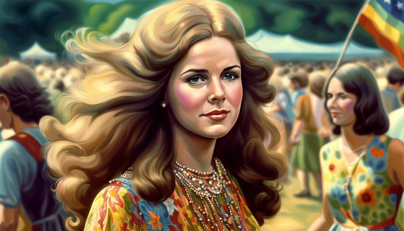 Youthful Woodstock Attendee in 1969, in a Vibrant Hippy Styl...