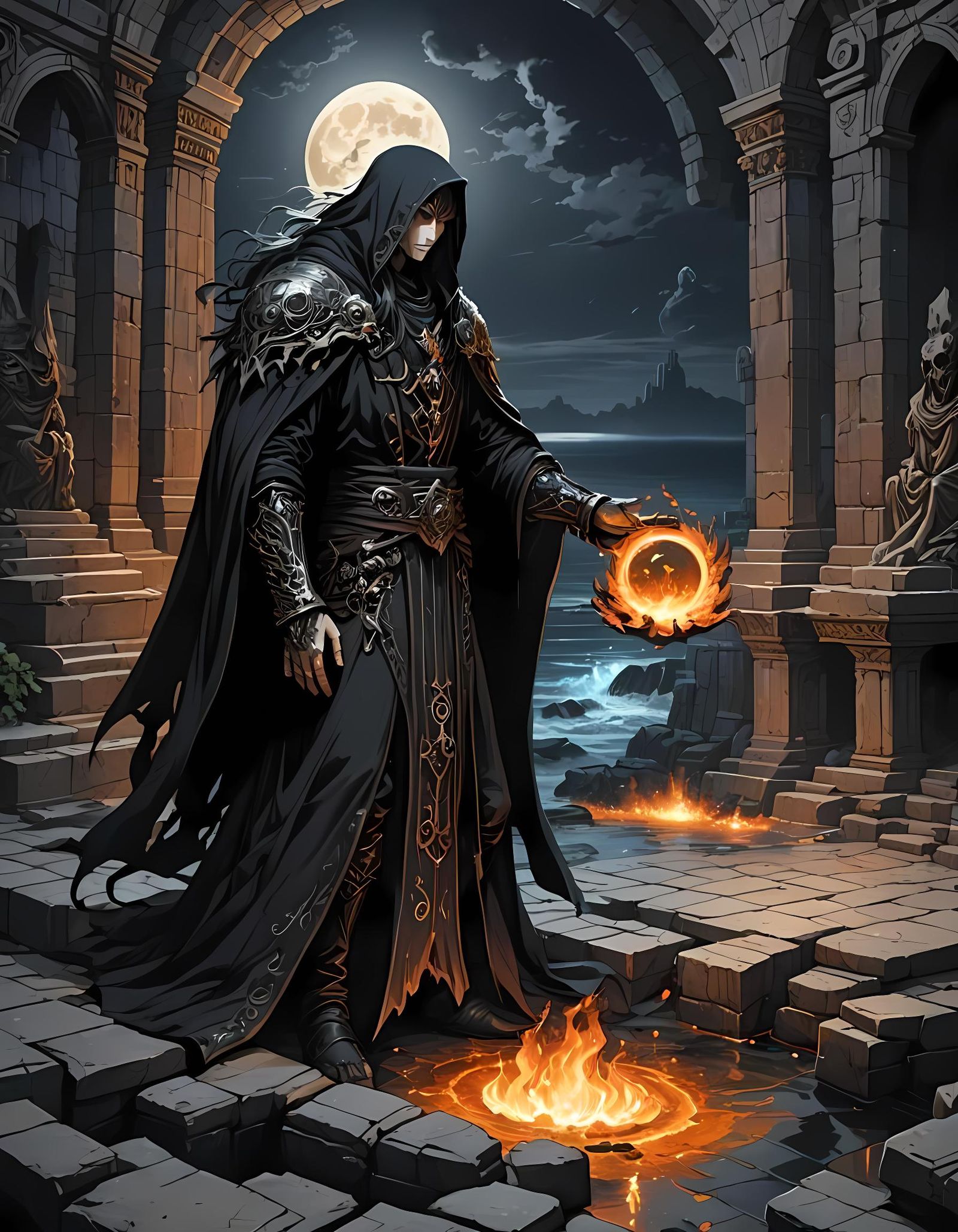 Dark Fantasy Necromancer Unleashes Fiery Seal in Ruins