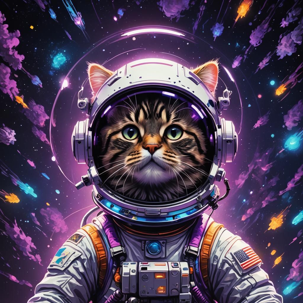 Cute Astronaut Cat Blasts Off in Neon Space