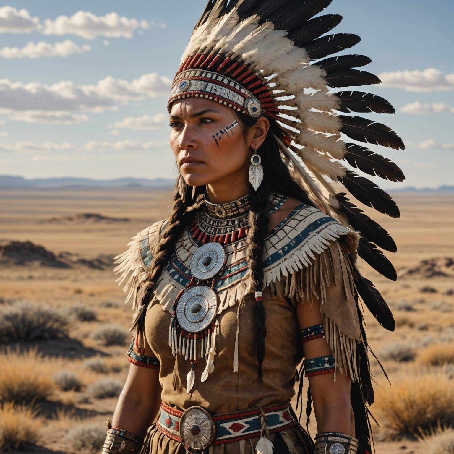 Sioux Warrior Woman in Traditional Attire on Prairie
