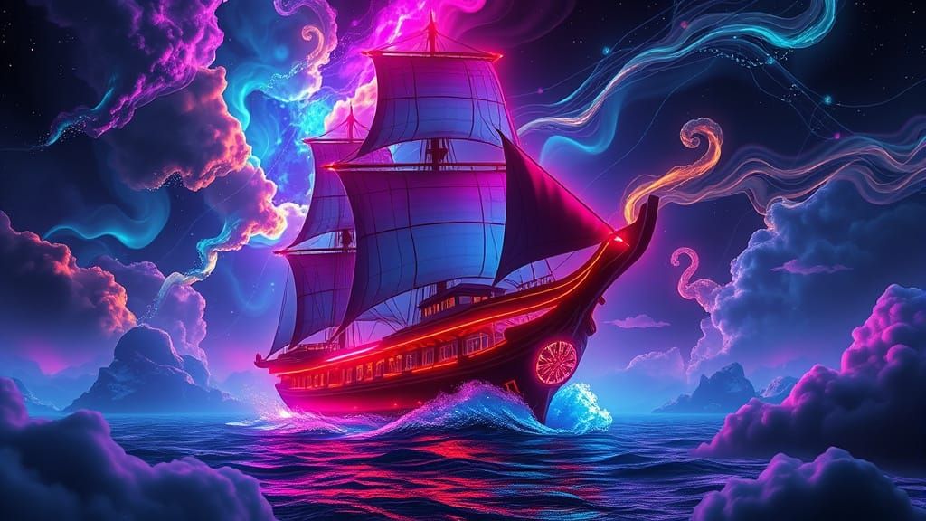Futuristic Chinese Ship Sails Neon Cosmic Seas