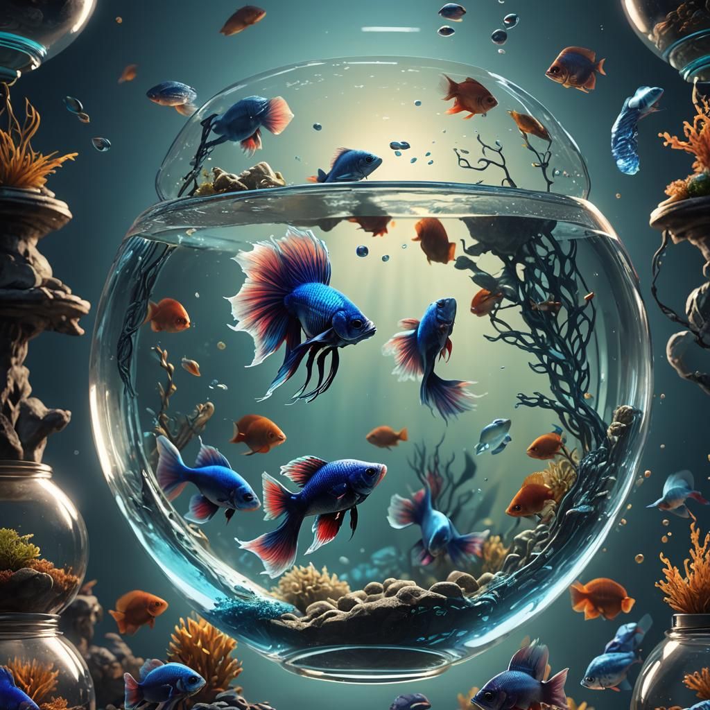 Surreal Blue Beta Fish in Stunning Backlit Fishbowl Scene