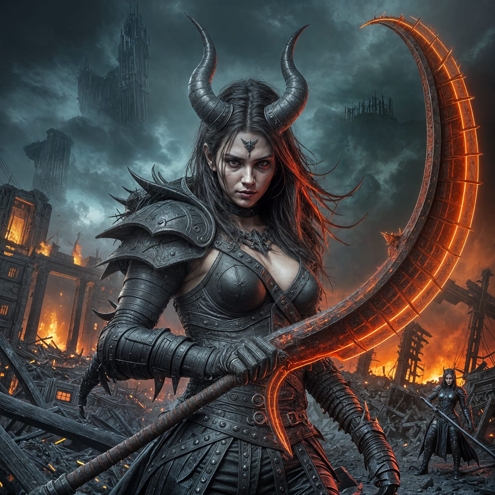 Dark Fantasy Demon Warrior in Smoldering Ruins