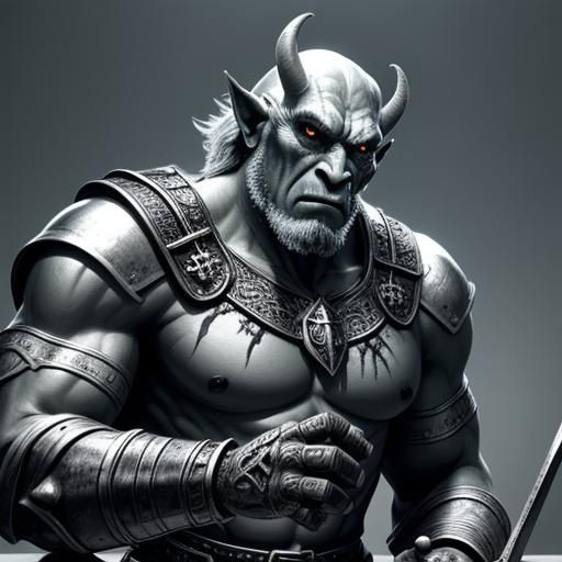 Elegant Monochromatic Orc in Silver Sculpture Against Dazzli...