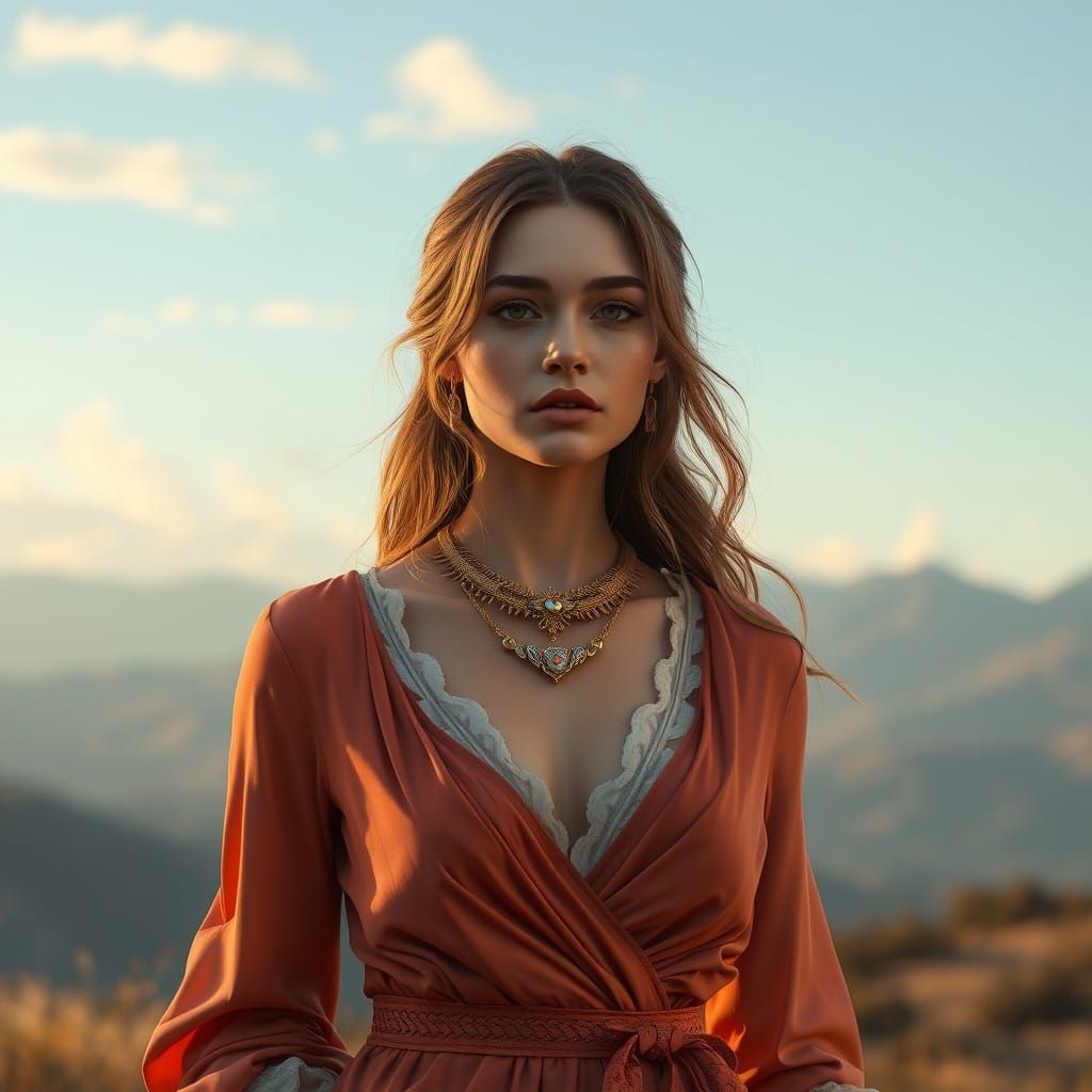 Elegant Woman in Serene Landscape, Detailed 8K Render