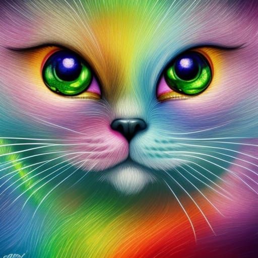 Rainbow Kitten with Dragon Wings in Fantasy Gouache Style