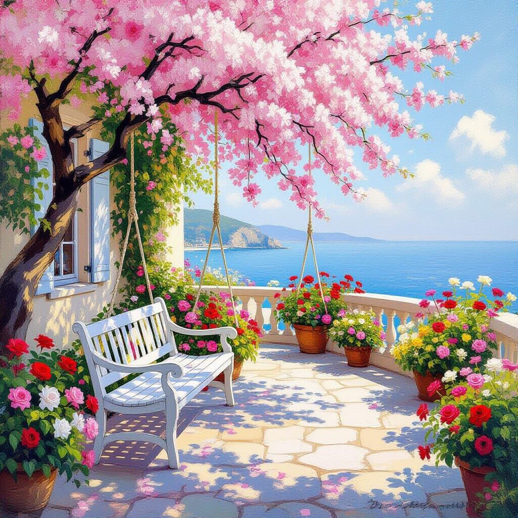 Sun-Drenched Coastal Garden in Impressionistic Style