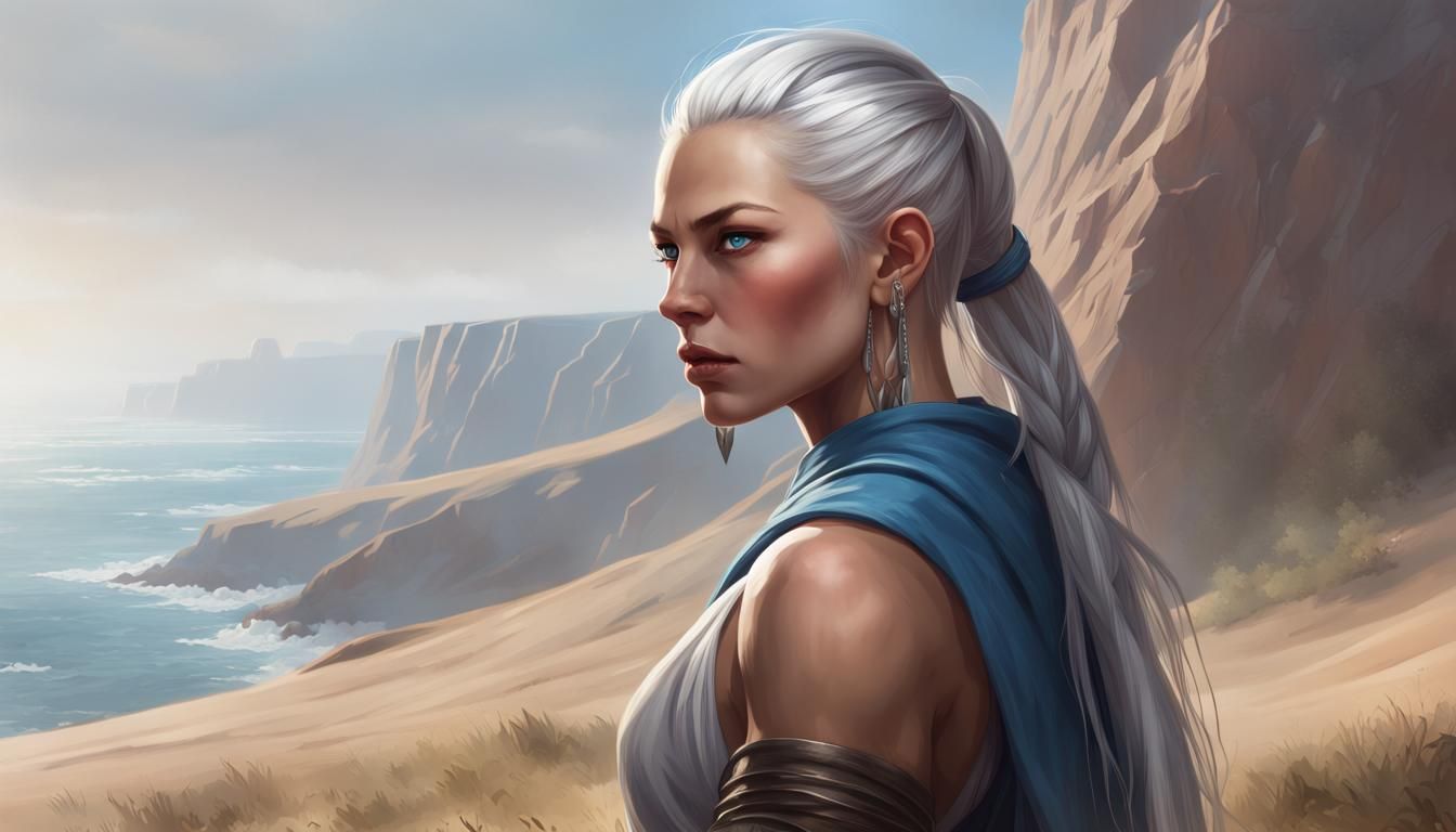 Strong Female Monk Captured in Vibrant Cliffside Portrait