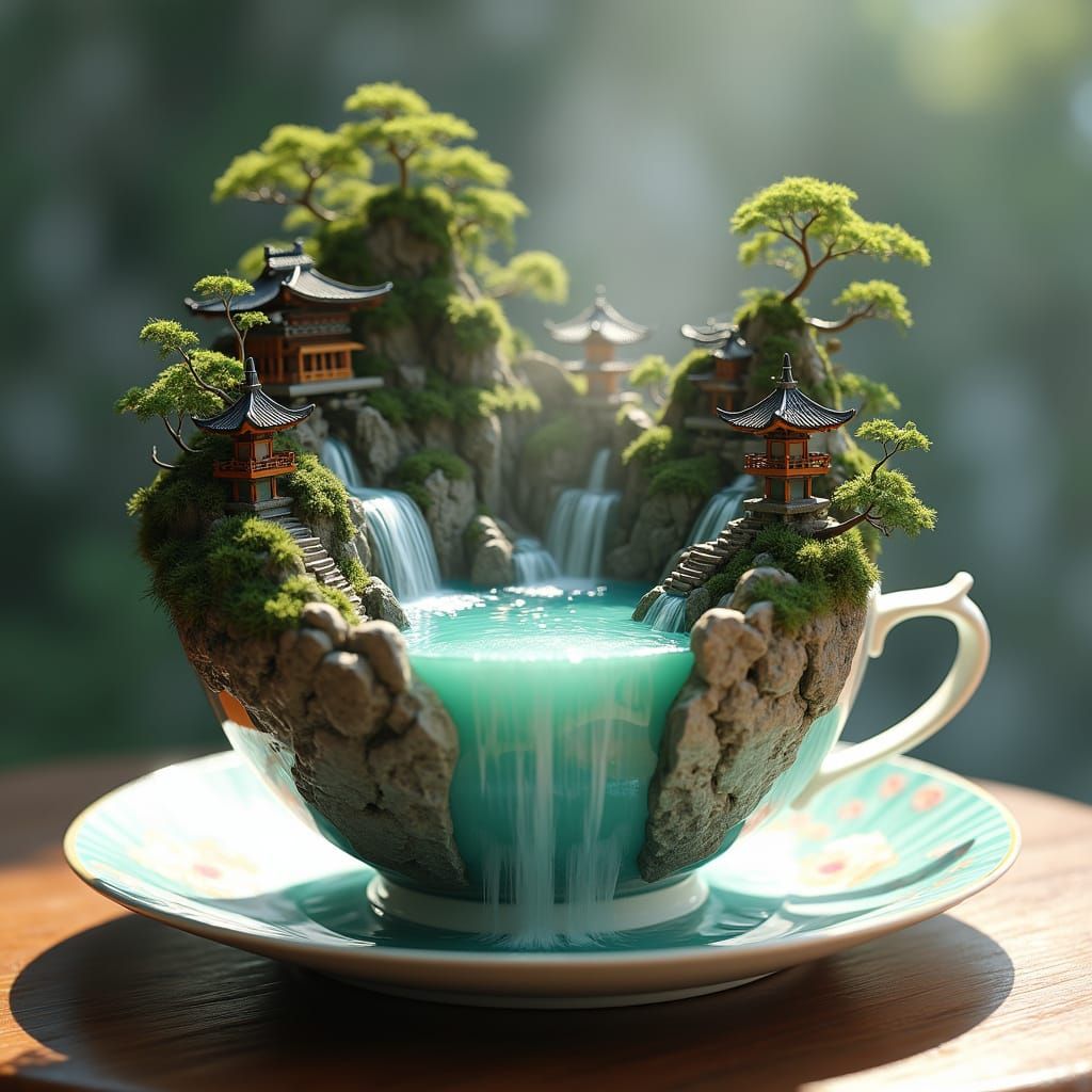 Ethereal Japanese Garden Teacup Scene in Porcelain