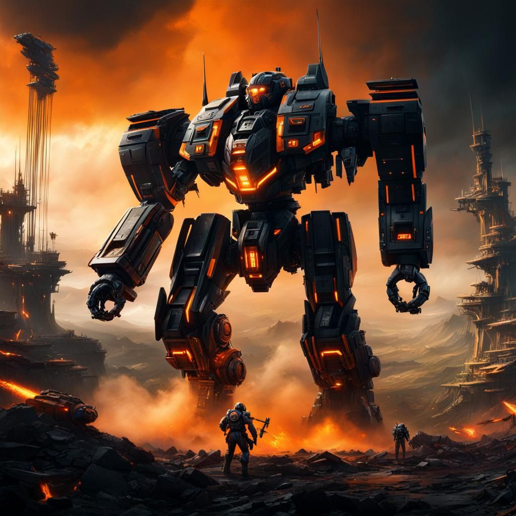 Giant Black and Orange Mech Engages in an Epic Battle