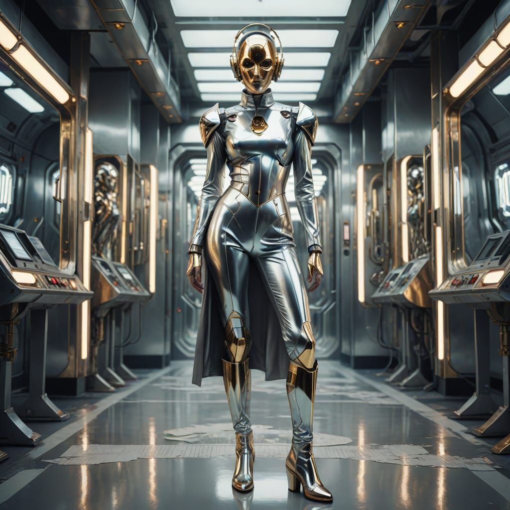 Retro-Futuristic Woman in Metallic Silver, Atomic Heart Styl...