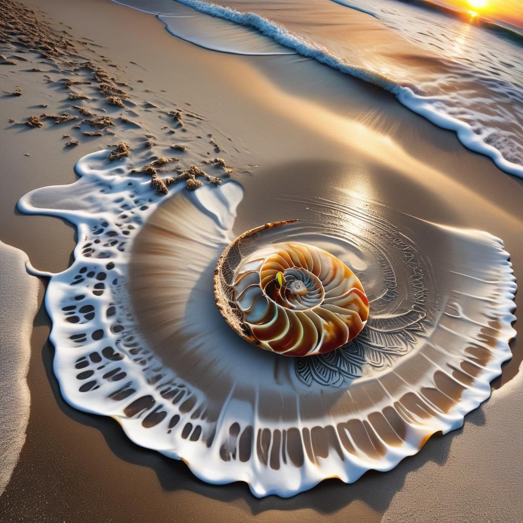 Surreal Nautilus Shell Mandala Amidst Palm Tree and Sunset