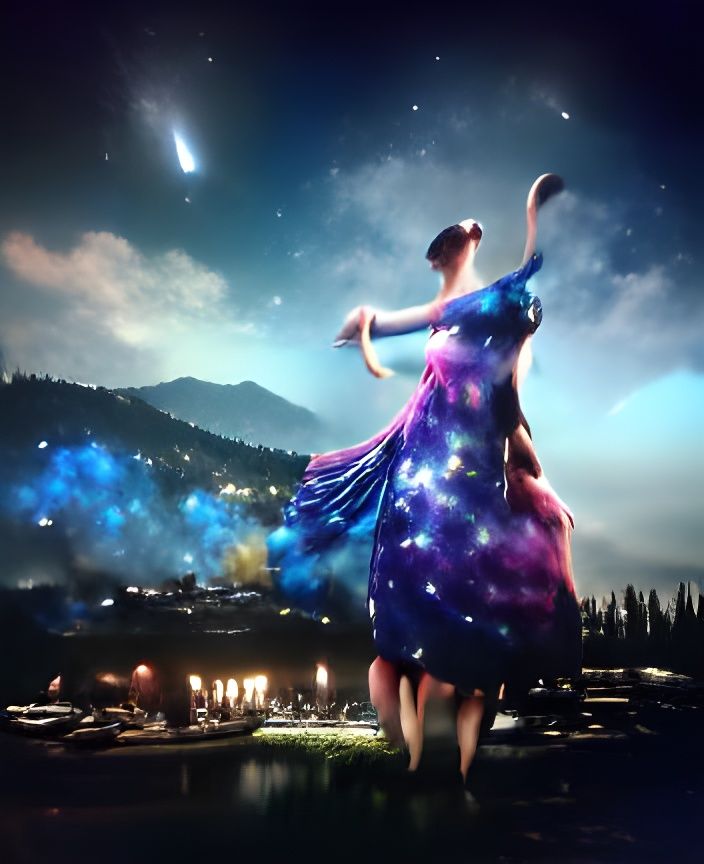 A lady with a starry dress dancing in the sky