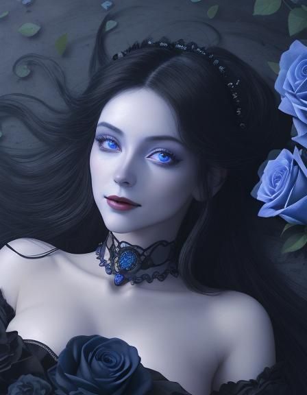 Gothic Blue Moon Goddess in Black Spacesuit among Roses