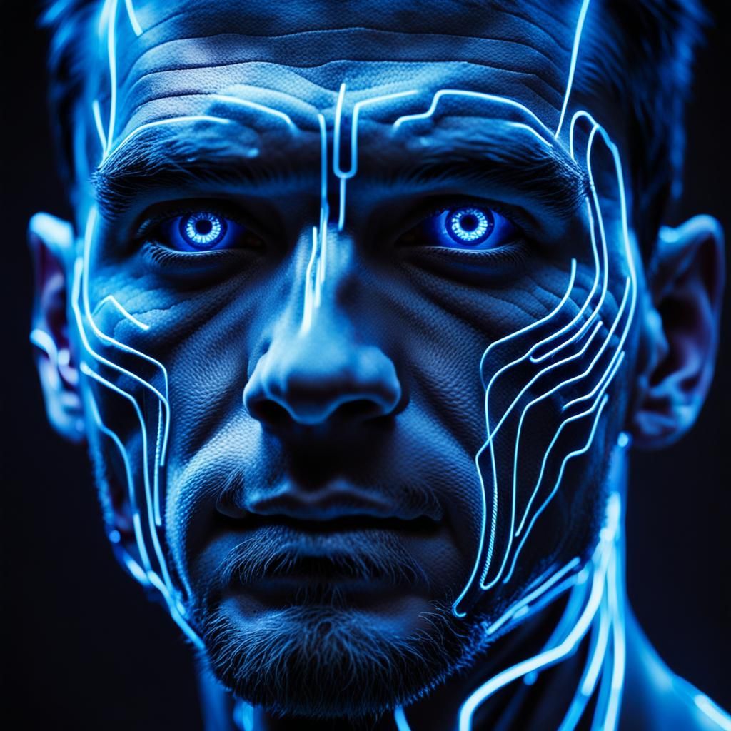 Gritty Cyberpunk Portrait with Glowing Circuits and Neon Hue...