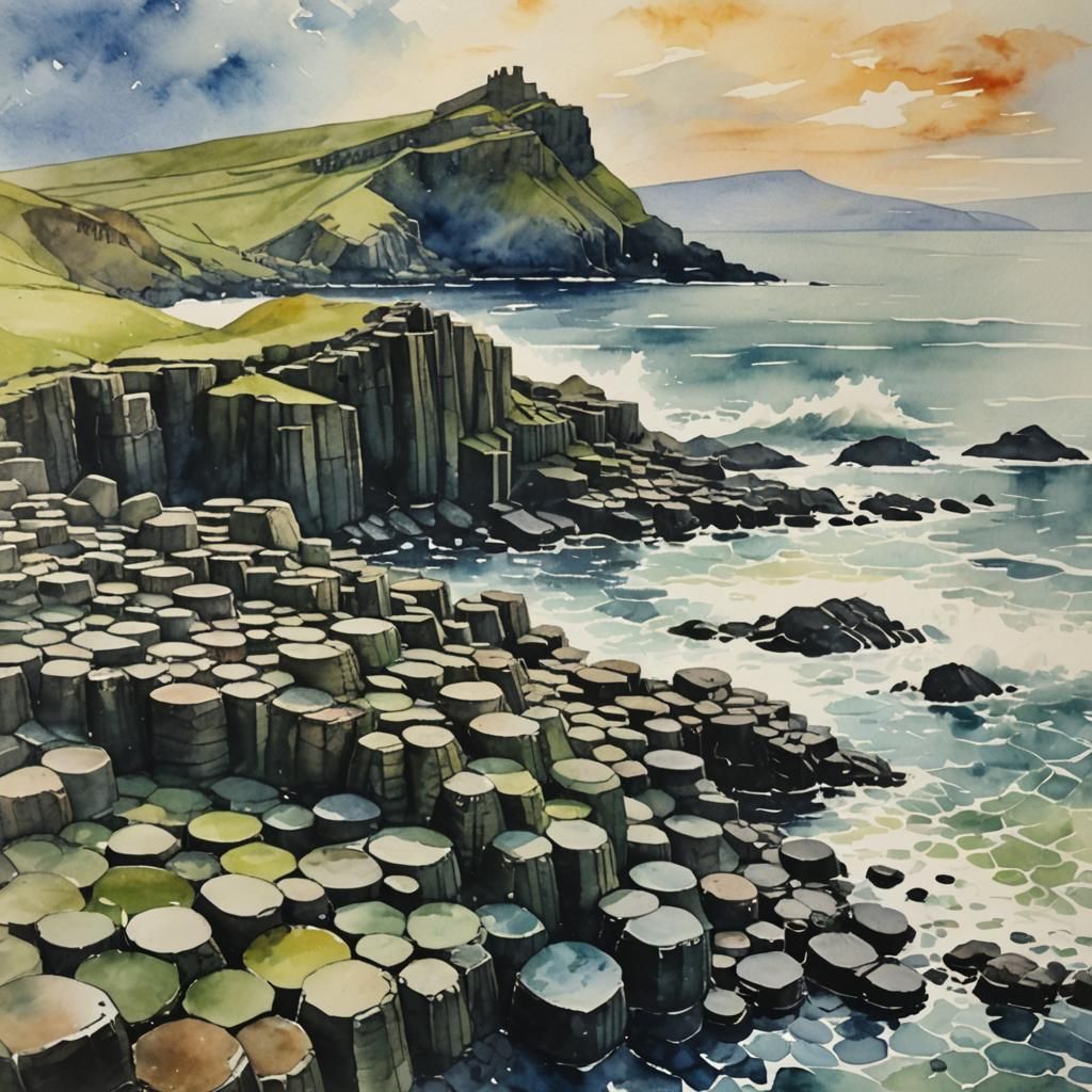 Giants Causeway Watercolor Masterpiece in Dreamy Light