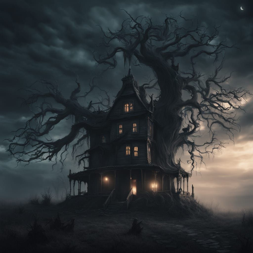 Surreal Haunted House Eerie Mist and Twisted Trees