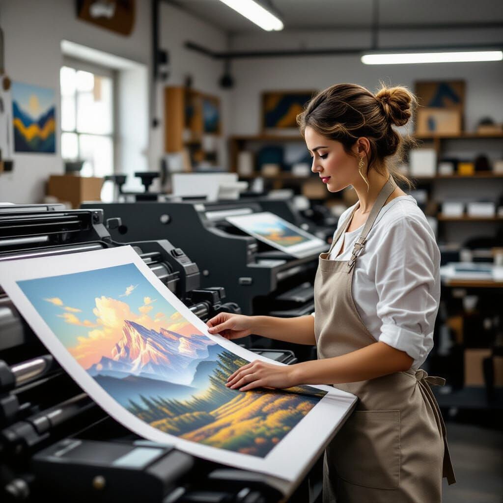 Woman in Print Shop with Landscape Sheet