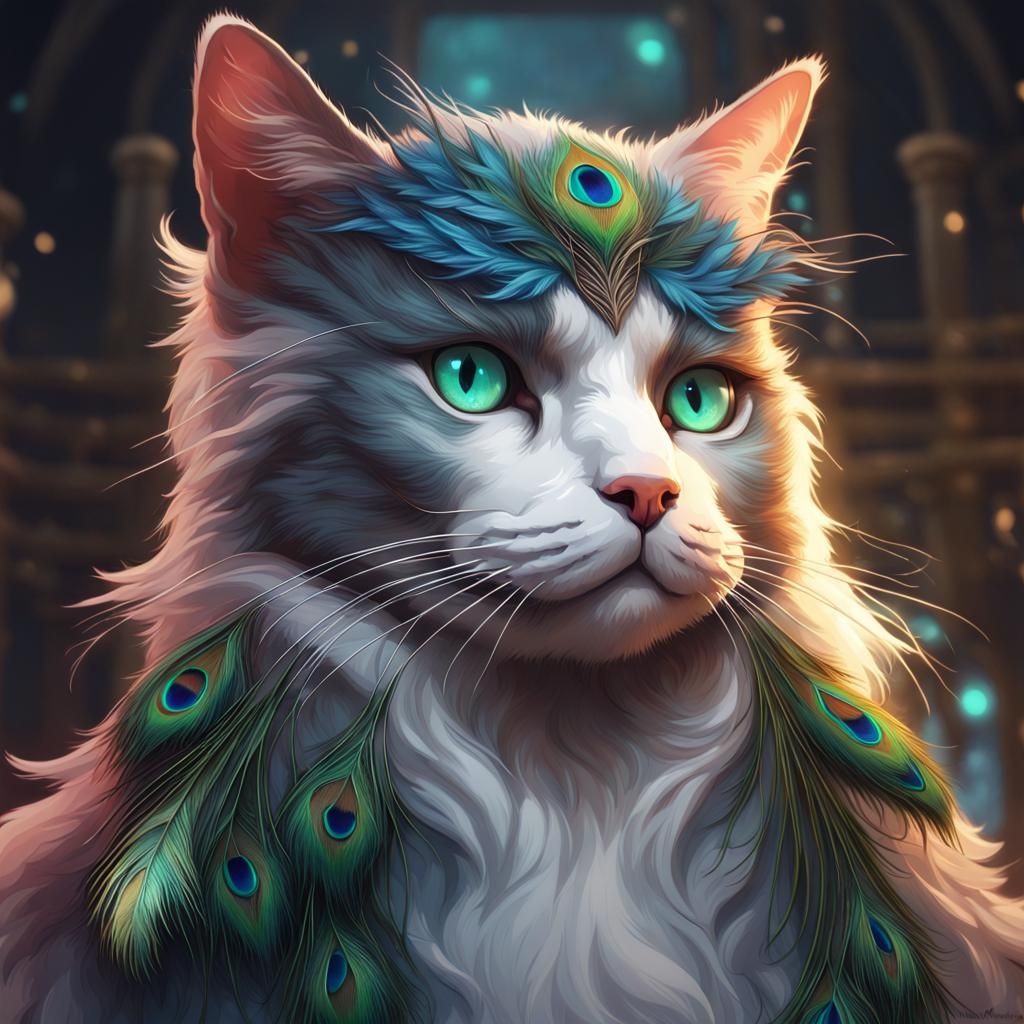 Ethereal Feline Portrait with Vibrant Peacock Accents