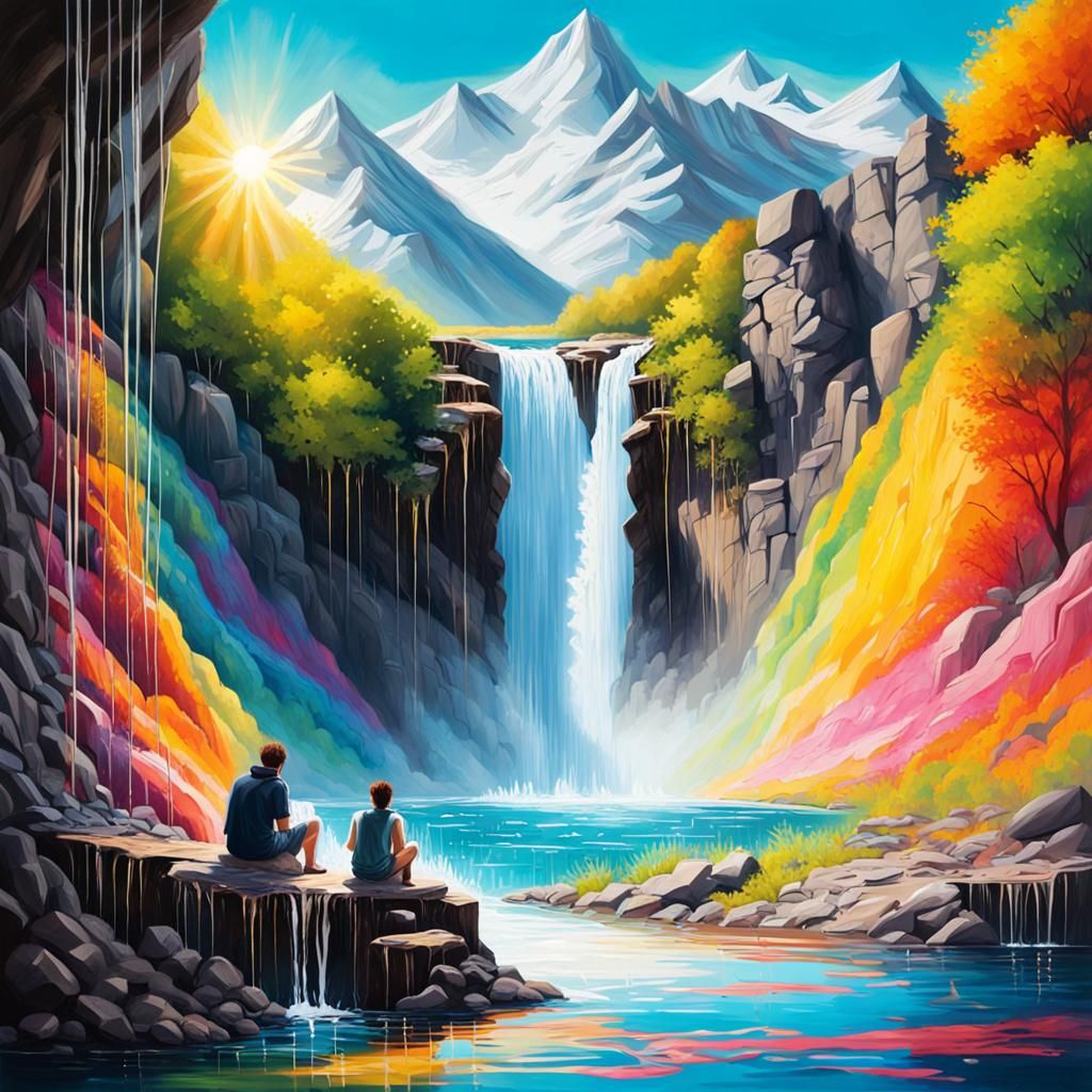 Vibrant Waterfall Landscape in Graffiti Art Style