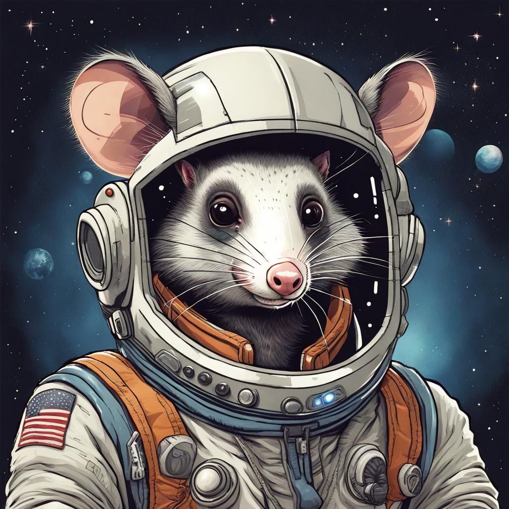 Cosmic Opossum Space Explorer in a Futuristic Helmet and Spa...