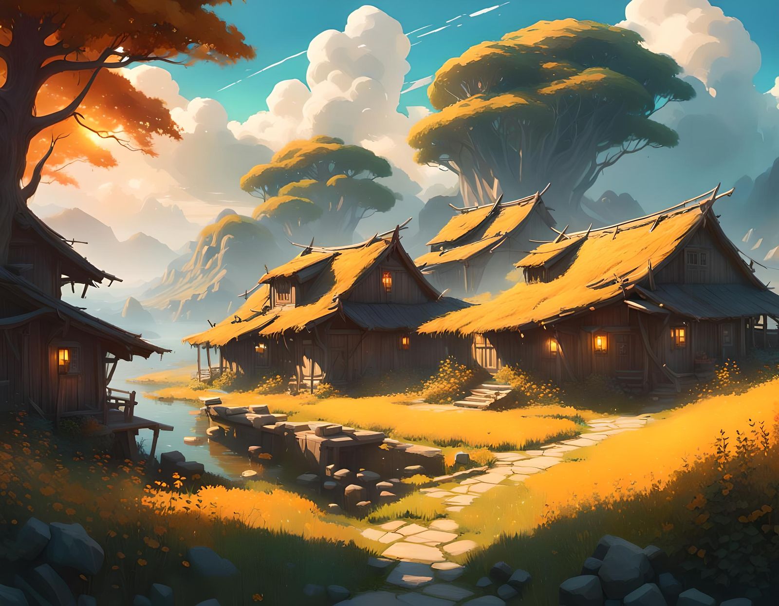 Whimsical Village Bathed in Heavenly Radiance