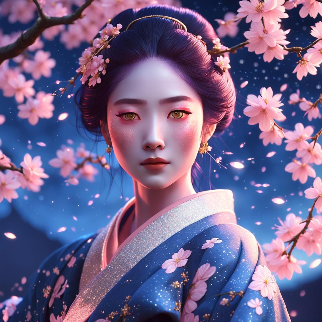 Ethereal Geisha Dances Under Cherry Blossom Moonlight
