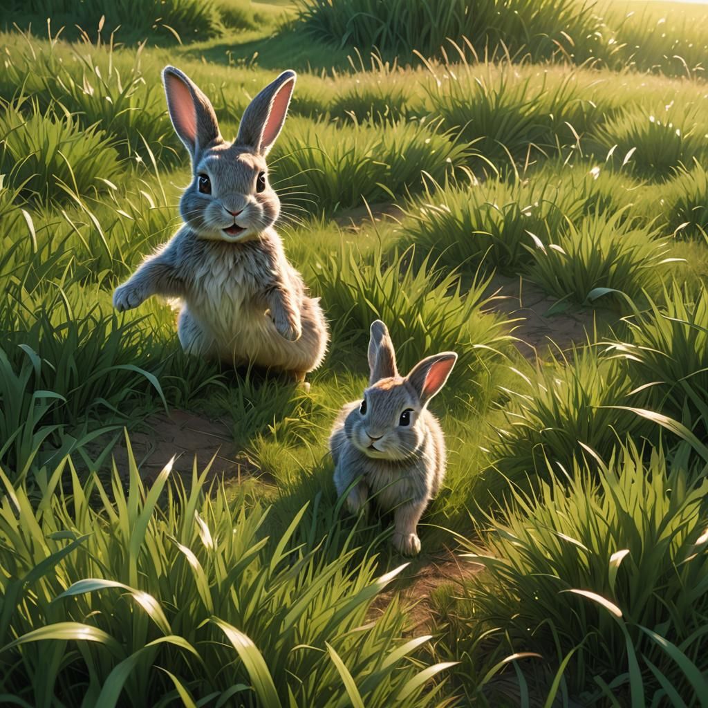 Vibrant 3D Digital Art of a Small Rabbit in a Green Field