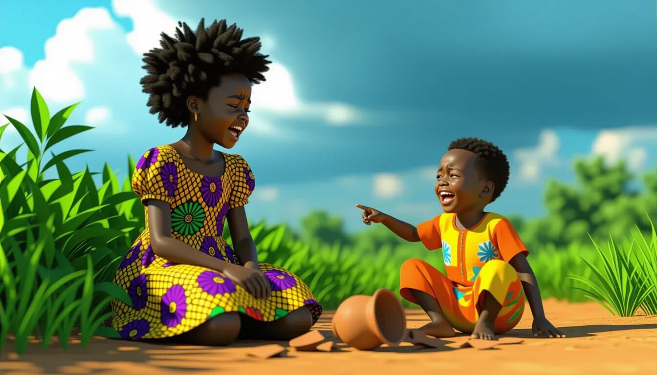 African Girl Crying Beside Broken Pot, Realistic Animation