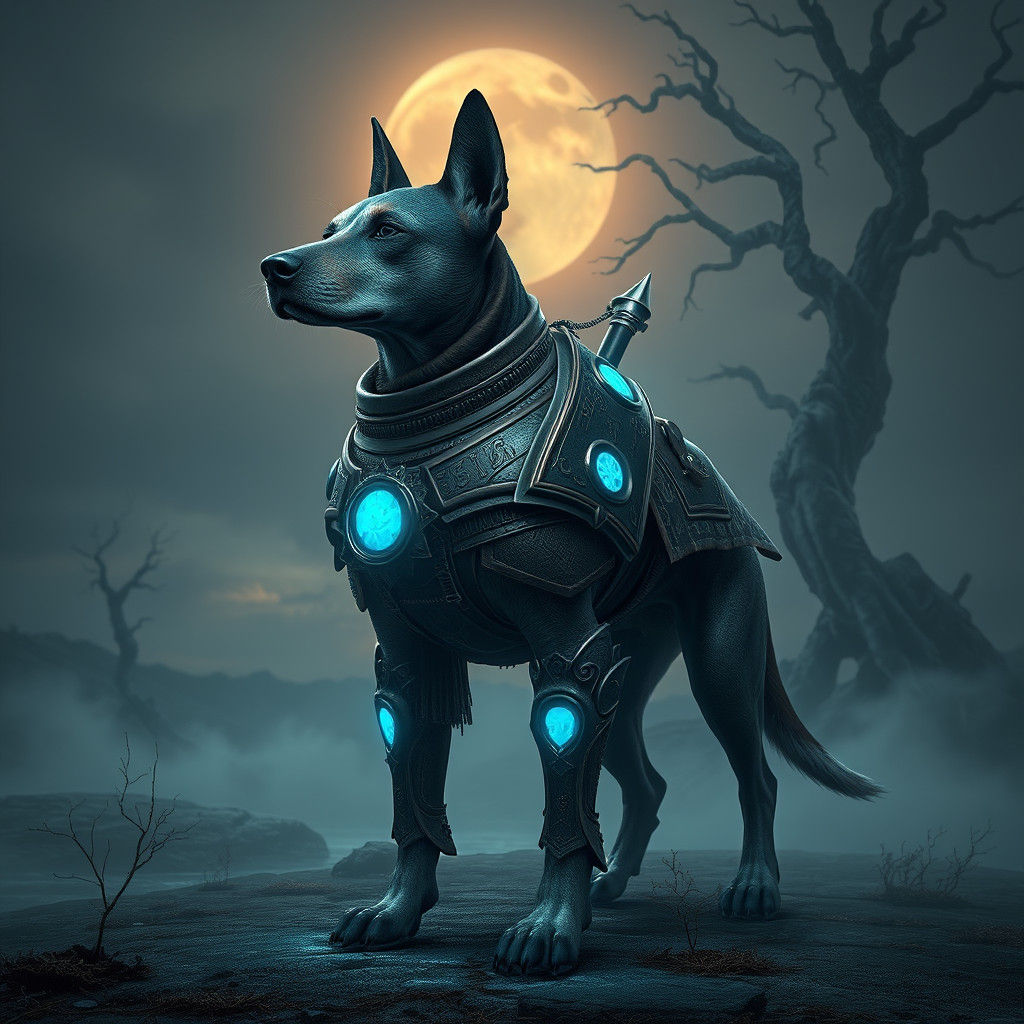 Heroic, Armored Dog Stands Tall in Dreamlike Landscape
