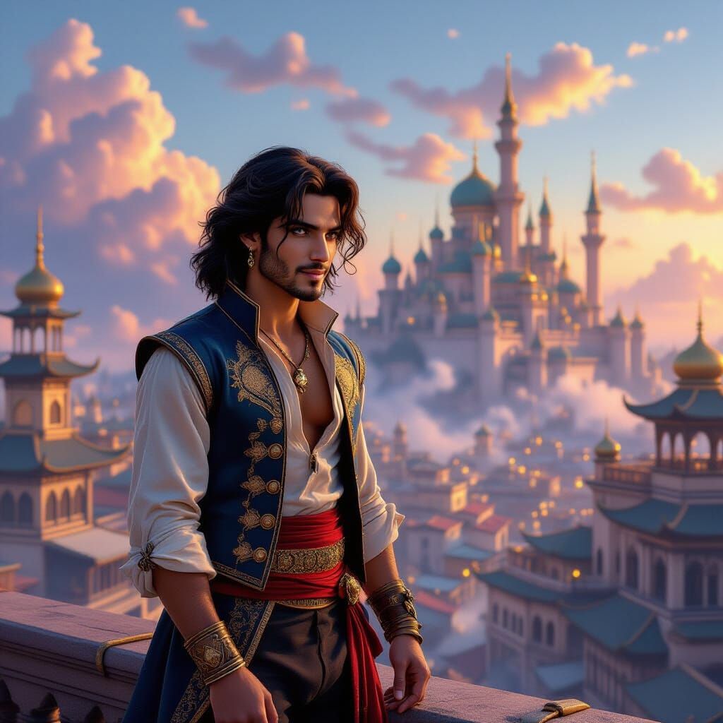 Charismatic Rogue Aladdin Gazes at Palace from Rooftop