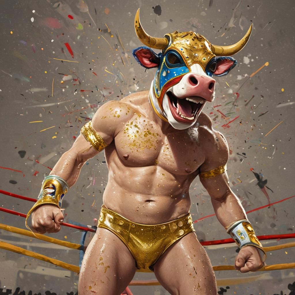 Anthropomorphic Cow Wrestler in a Colorful Ring
