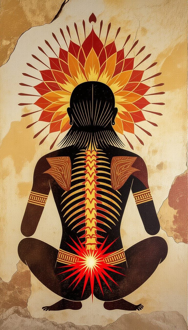 Ancient Cave Art: Figure with Radiant Spine and Lotus Halo